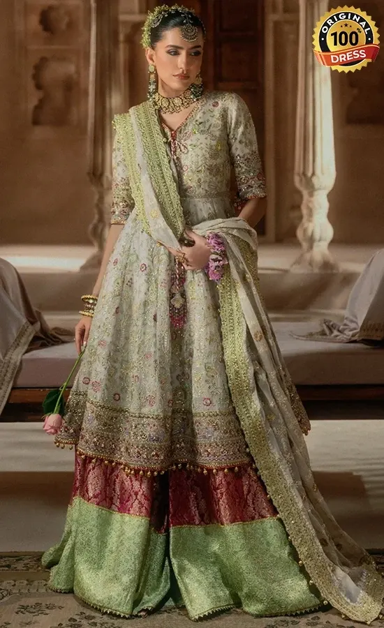 Embroidered mint green salwar kameez for wedding guests with organza and silk detailing