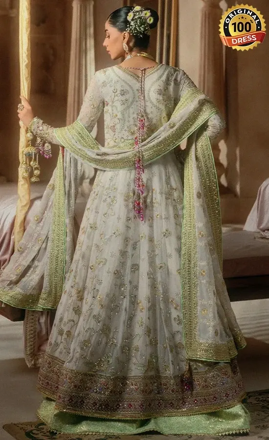 Mint green embroidered salwar kameez with lawn, organza and printed silk finishing