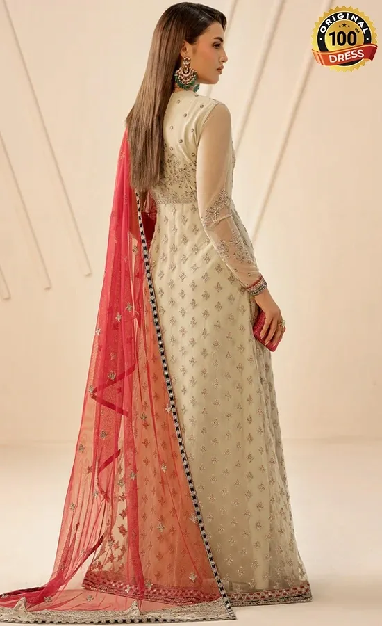 Embroidered white Anarkali dress for Pakistani wedding guests