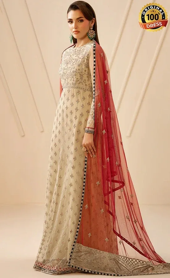 White Anarkali salwar suit for wedding guests with elegant hand embroidery