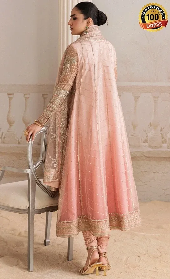Peach organza shalwar kameez with patchwork, threadwork and sequin embellishments