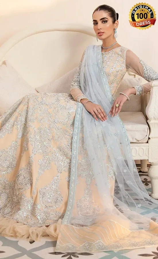 Blue embroidered Anarkali maxi dress with net fabric and intricate formal embellishments