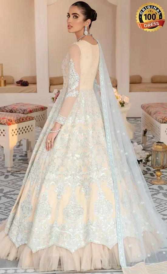 Embroidered blue Anarkali dress for wedding guests with sequinned work and traditional detailing