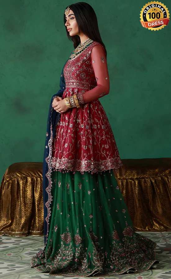 Embroidered green sharara dress with patchwork and chatta patti detailing