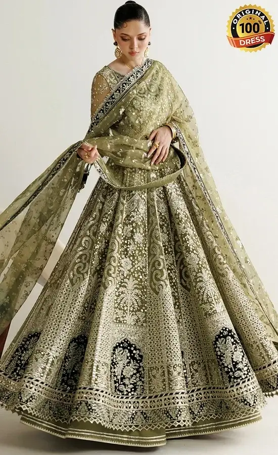 Green chiffon lehenga choli with hand embroidery, sequin work and traditional finishing