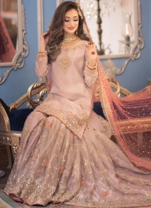 Lilac bridal gharara with Sheesha silk shirt, organza Farshi gharara, peach chiffon dupatta and metallic floral embroidery