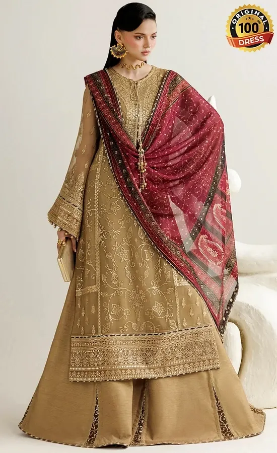 Pakistani Brown Salwar Kameez For Wedding Guests Pakistani brown salwar kameez for wedding guests with intricate embroidery and graceful formal finishing