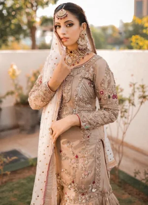 Light brown bridal gharara with tissue silk shirt, 14-kali Brocia Farshi gharara, organza dupatta and ivory-gold embroidery
