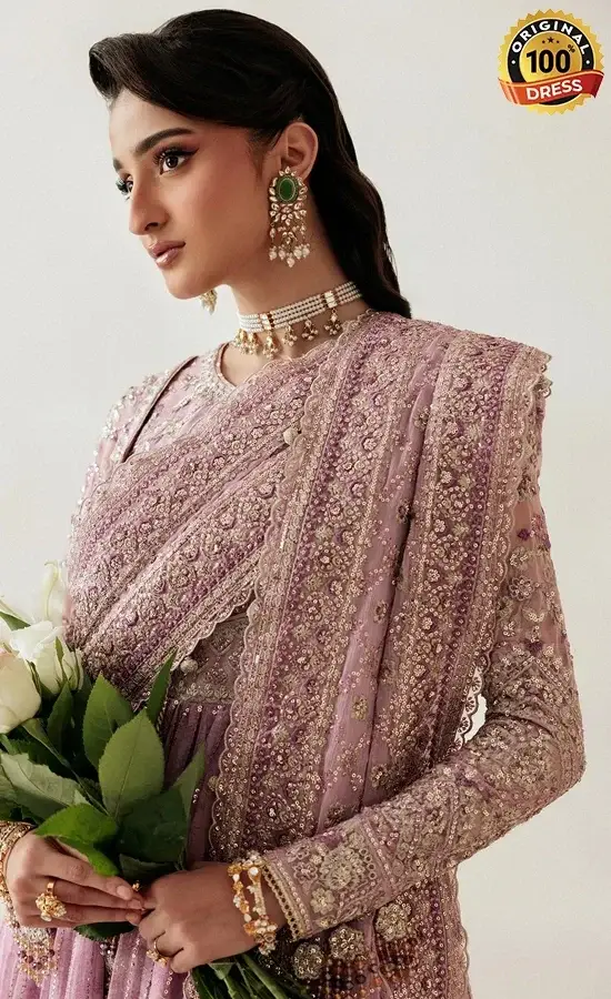 Pakistani purple Anarkali dress for wedding guests with chiffon embroidery and graceful formal styling