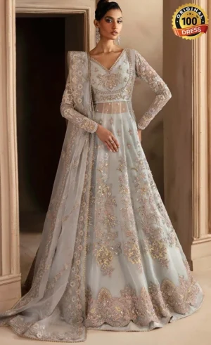 Pakistani sea blue lehenga choli for wedding guests with embroidered organza and graceful formal styling