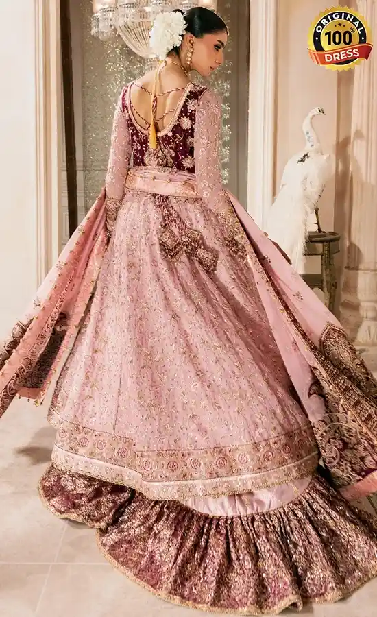 Pink embroidered Anarkali maxi dress with medium silk and intricate traditional detailing