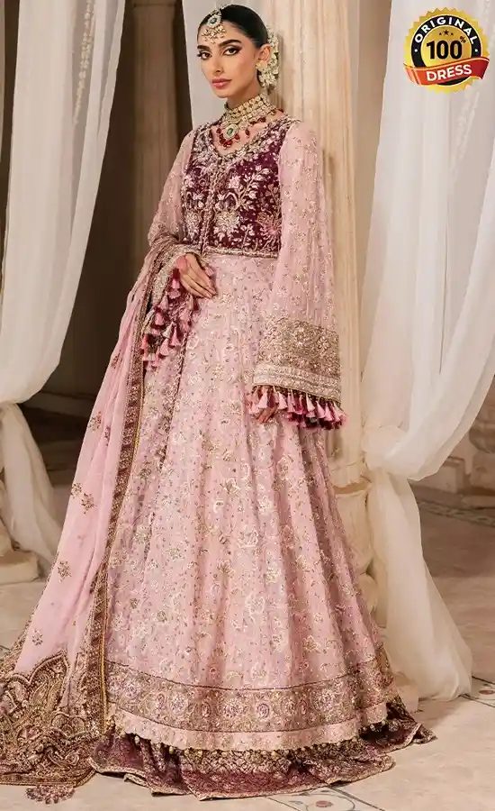 Pink formal Anarkali wedding guest dress with embroidered panels and refined finishing