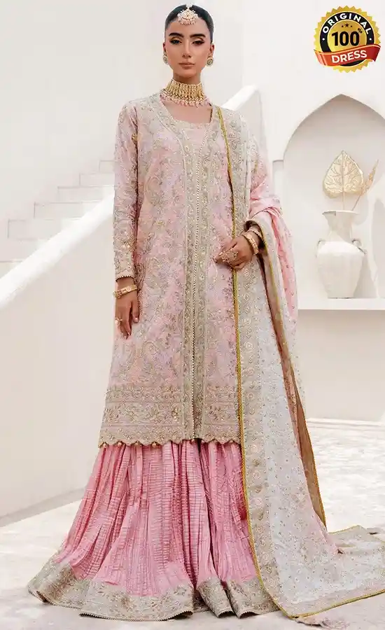 Dusty pink salwar kameez for wedding guests with elegant hand embroidery and chiffon detailing