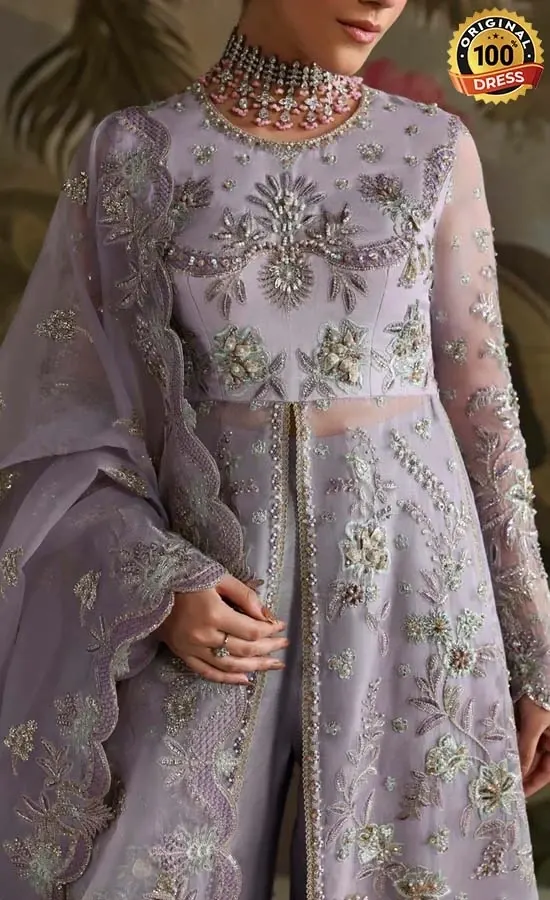 Lilac maxi dress with hand embroidery, sequinned work and elegant formal detailing