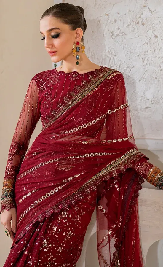 Maroon Colour Blouse with Saree For Wedding Guests