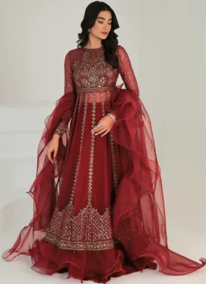 Maroon wedding guest lehenga paired with dyed organza dupatta and detailed embroidery