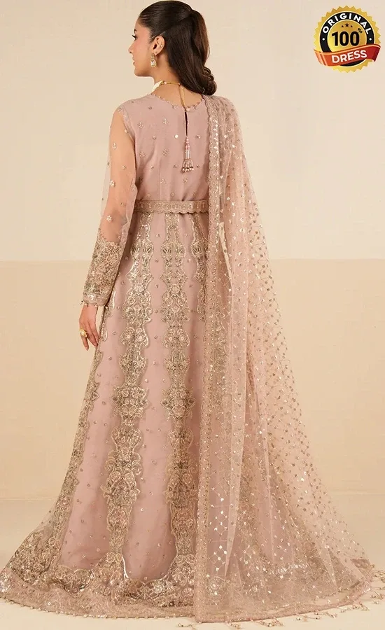 Light pink maxi dress for wedding guests with elegant hand embroidery and delicate detailing