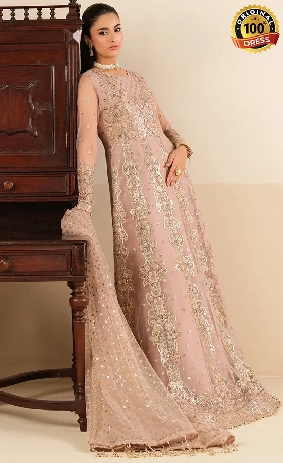 Light pink embroidered maxi dress with silk detailing and elegant wedding wear design