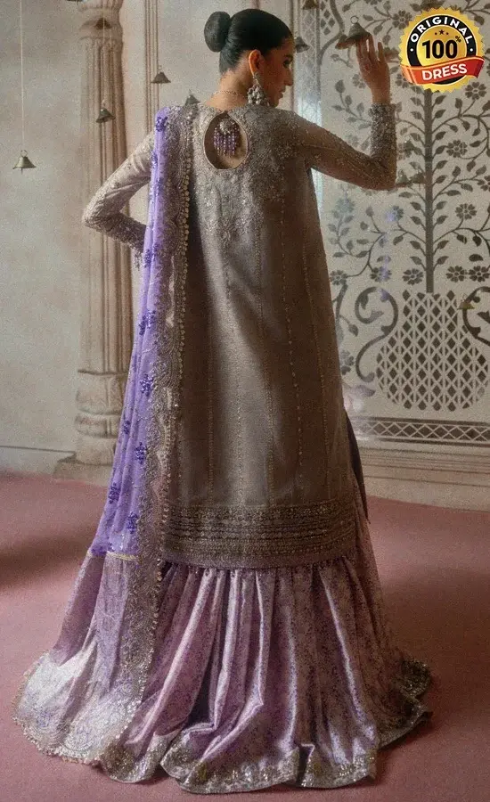 Purple zari khaddi net sharara with hand embroidery, patchwork and tassel detailing