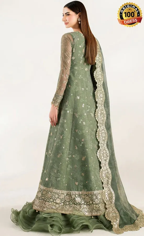 Alizeh PK green maxi dress for wedding guests from the Luxe Raw Silk 24 collection