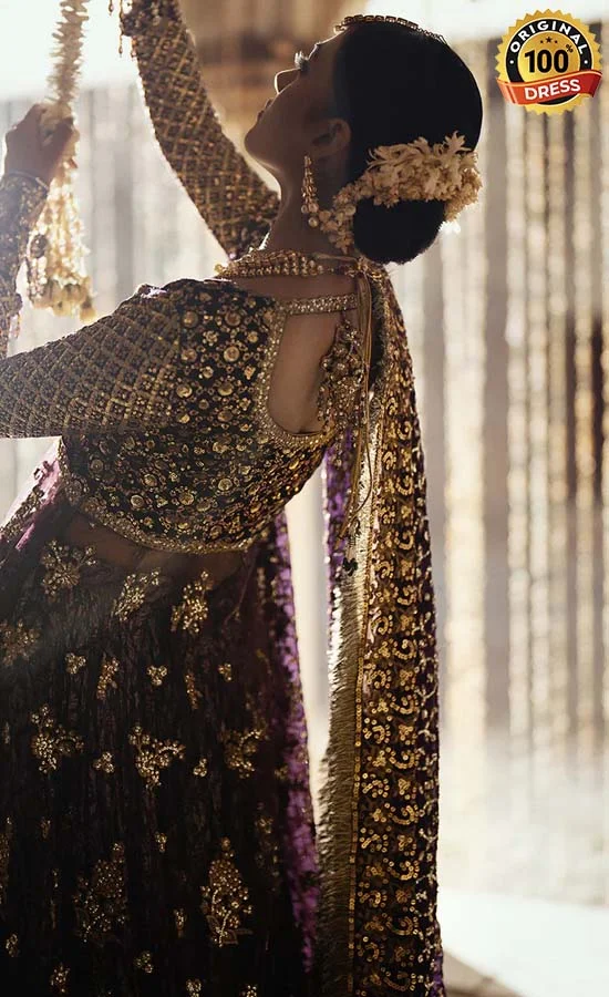 Embroidered patchwork lehenga for wedding guests from Shadmani Luxury Formals