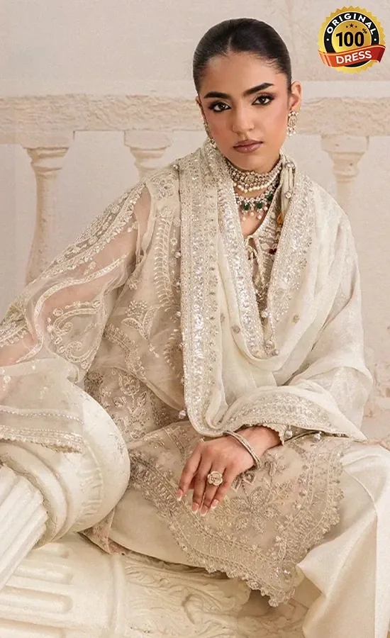 Indian Patiala suit for wedding guests with embroidered organza detailing and traditional styling