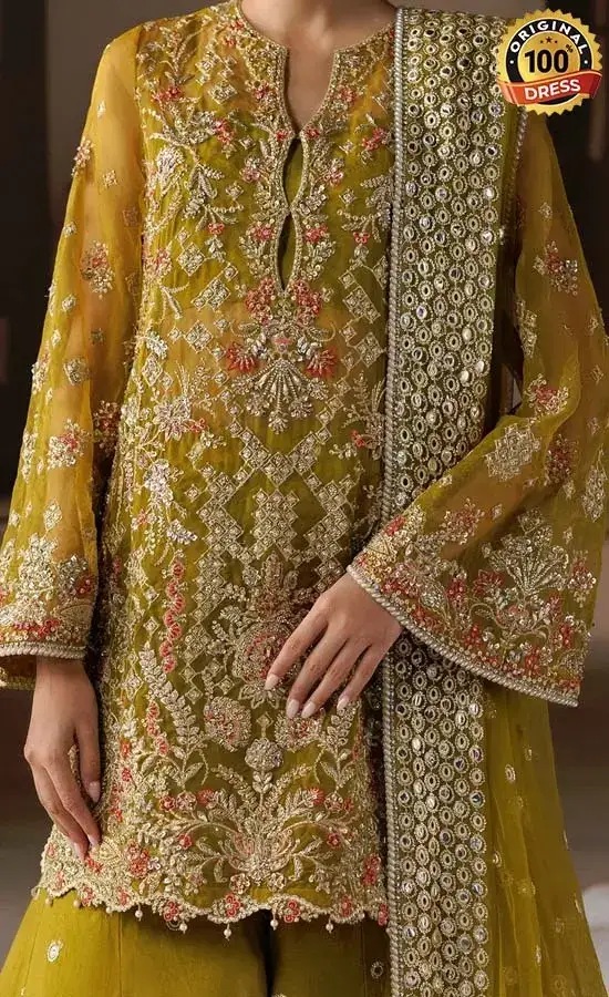 akistani lehenga with long blouse for wedding guests with embellished detailing and a graceful traditional look