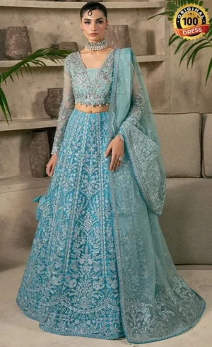 Teal organza lehenga dress with hand embroidery and graceful formal styling