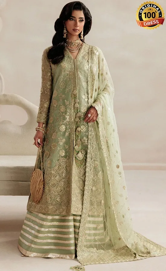 Sage Green Salwar Kameez For Wedding Guests Sage green salwar kameez for wedding guests with elegant hand embroidery and organza detailing