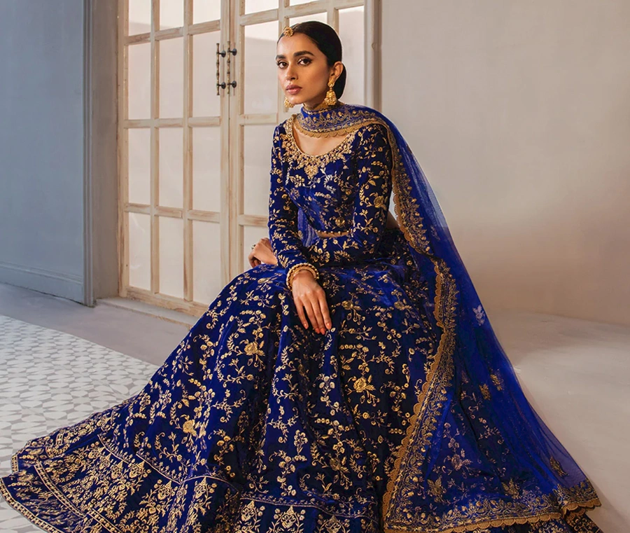 Navy blue velvet bridal lehenga choli