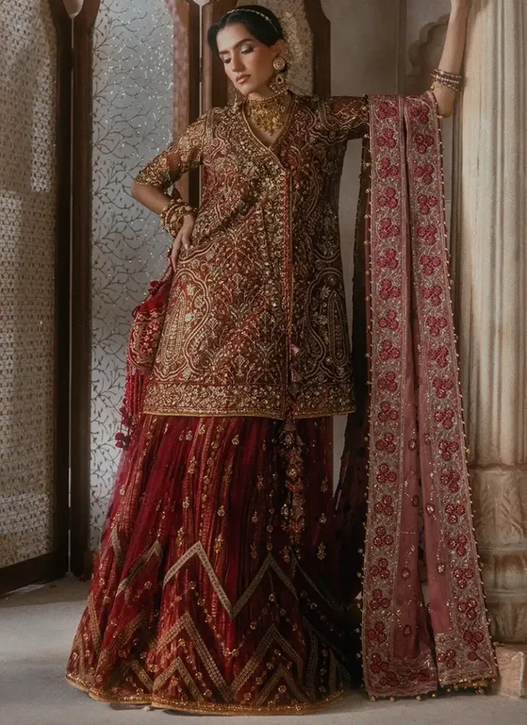 Pakistani Diwali formal wear featuring an embroidered organza shirt, masoori pants and embroidered net fabric for wedding celebrations