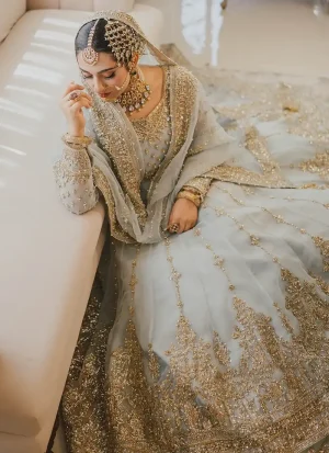 Ice blue Nikkah peshwas with gold and silver embroidery, lehenga and organza dupatta