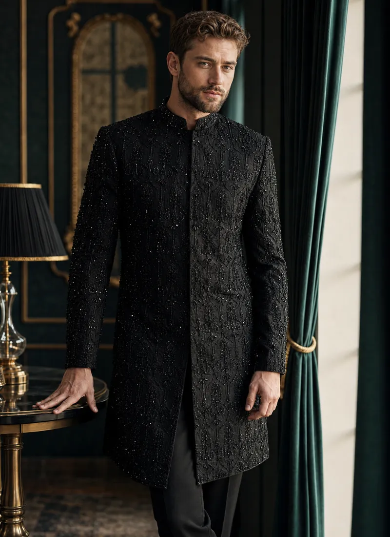 Black embroidered sherwani for men, full-length front view