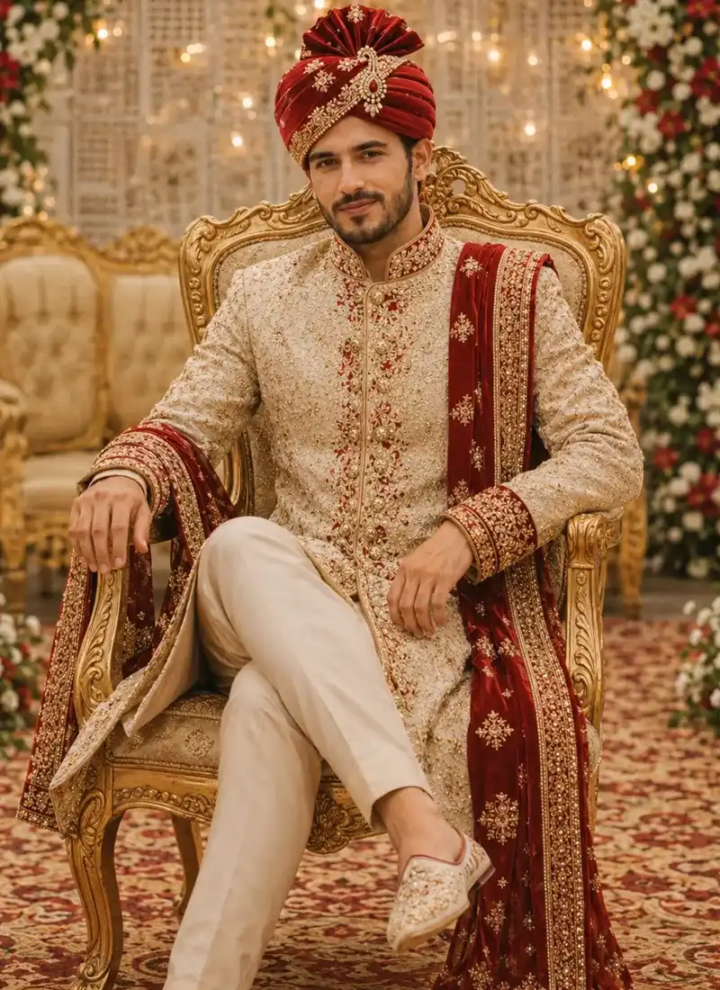 Groom seated in a golden sherwani with a deep red velvet shawl