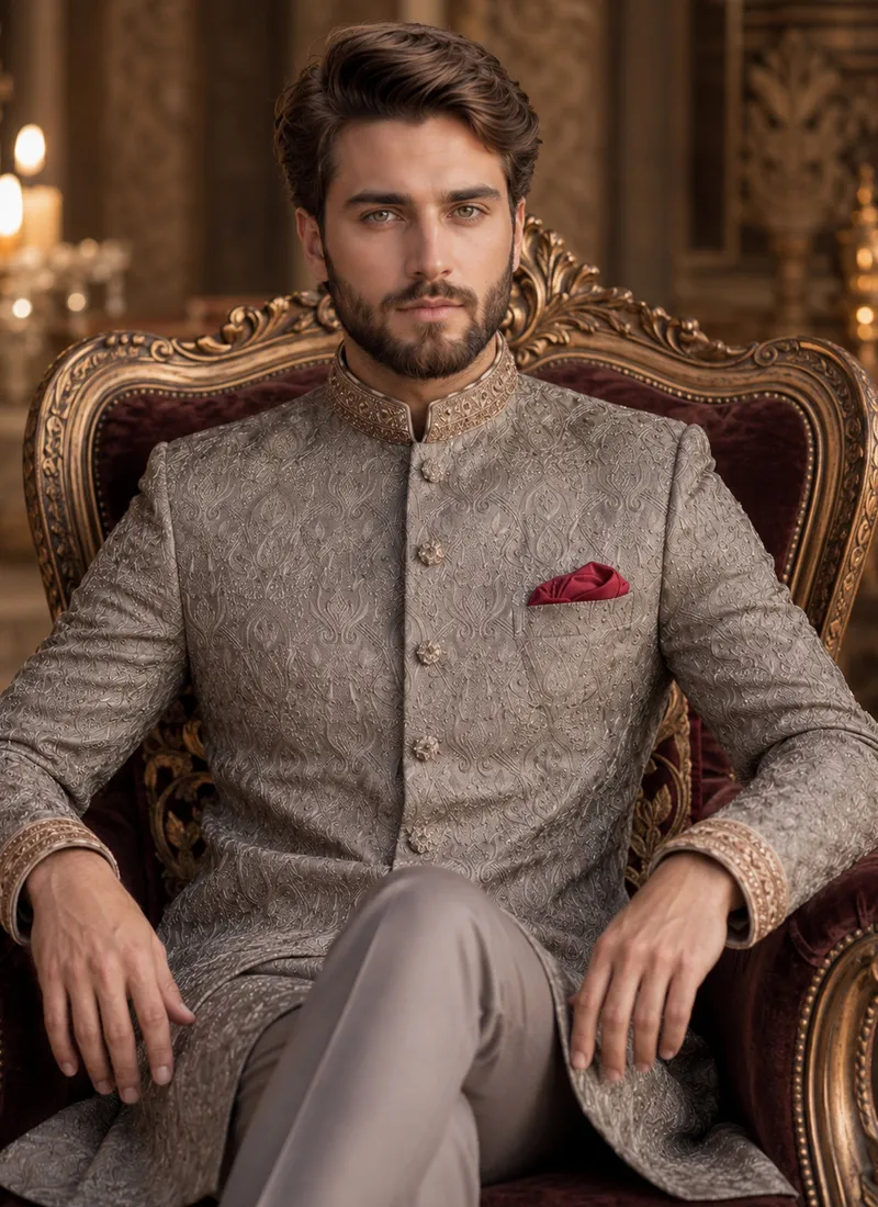 Groom wearing grey embroidered sherwani seated in a traditional wedding setting