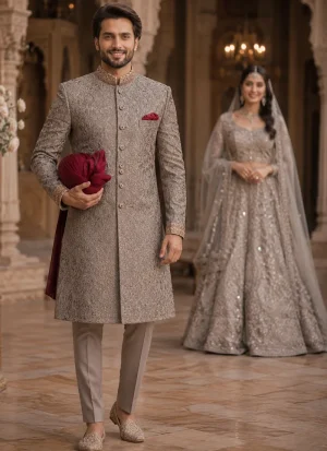Grey embroidered sherwani for groom with matching trousers and burgundy pocket square