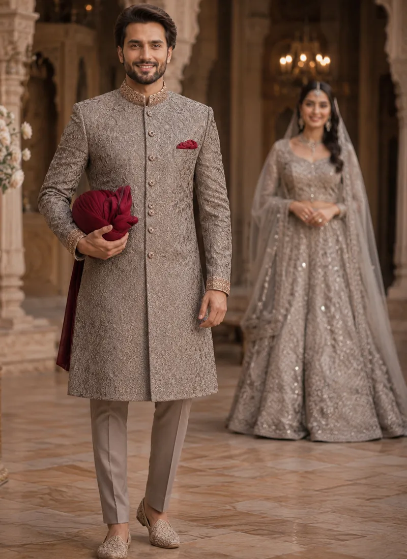 gray-sherwani-for-groom-hand-embroidery-full-length Grey embroidered sherwani for groom with matching trousers and burgundy pocket square
