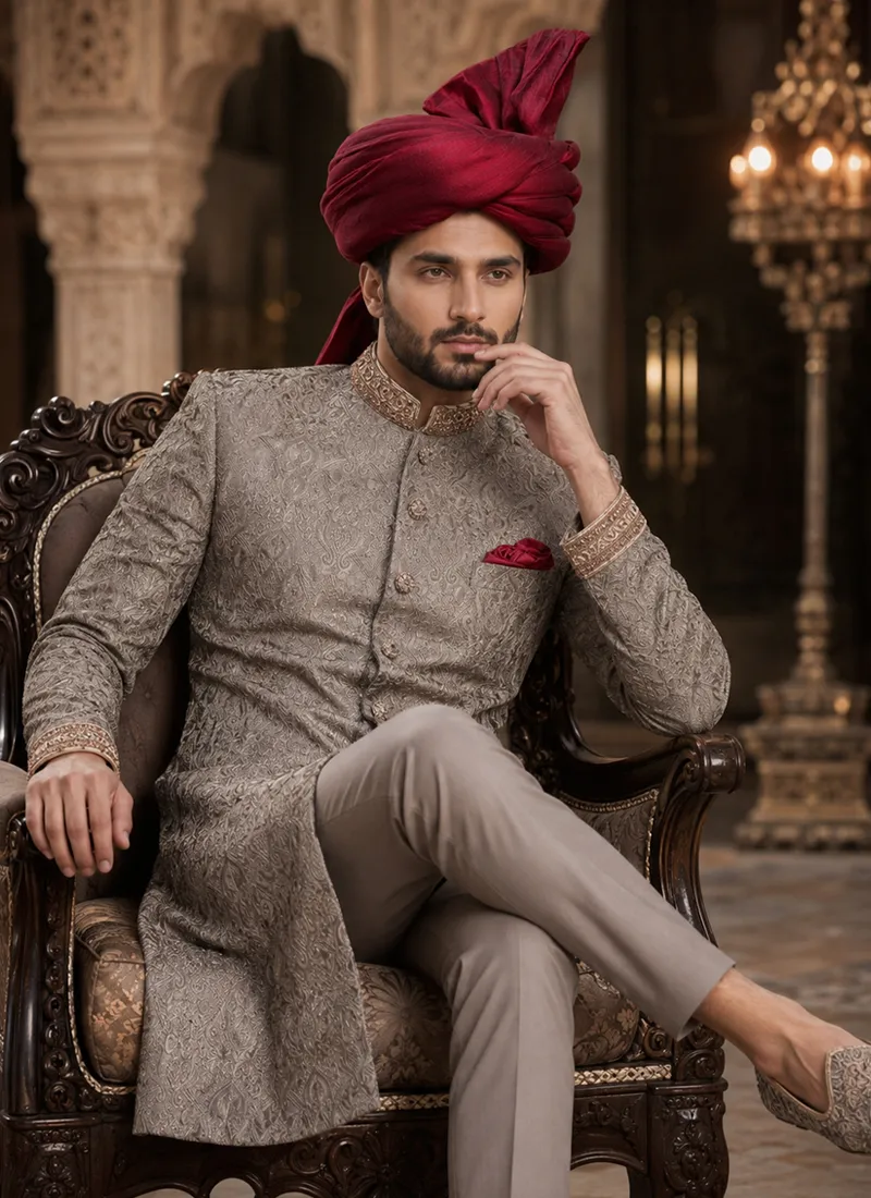Grey groom sherwani with burgundy turban and matching trousers