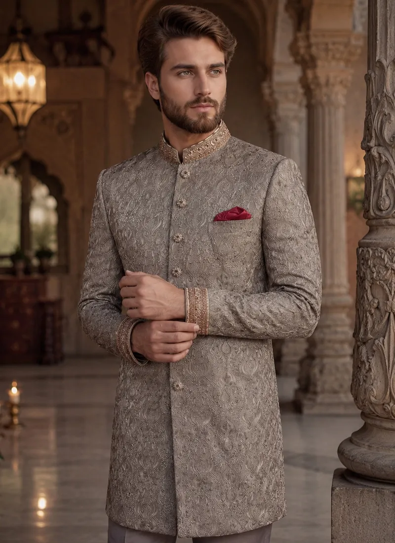 Grey wedding sherwani for groom with detailed embroidery on collar and cuffs