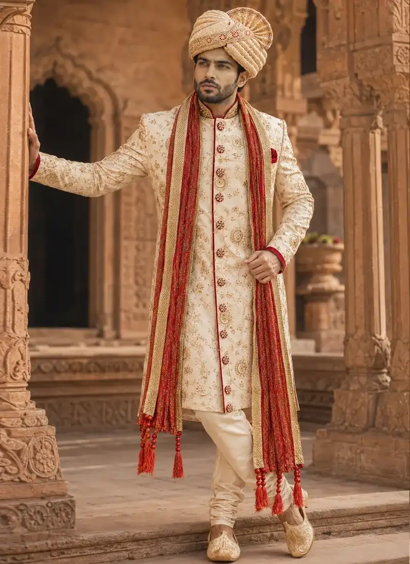 Ivory and gold wedding sherwani for groom with red shawl and traditional turba