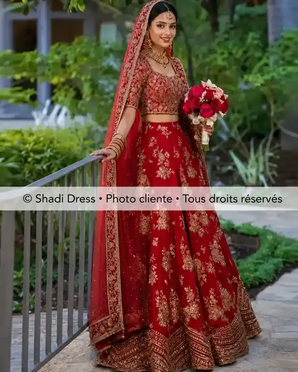 Mariée en lehenga rouge traditionnel avec broderies dorées, dupatta et bouquet de mariage