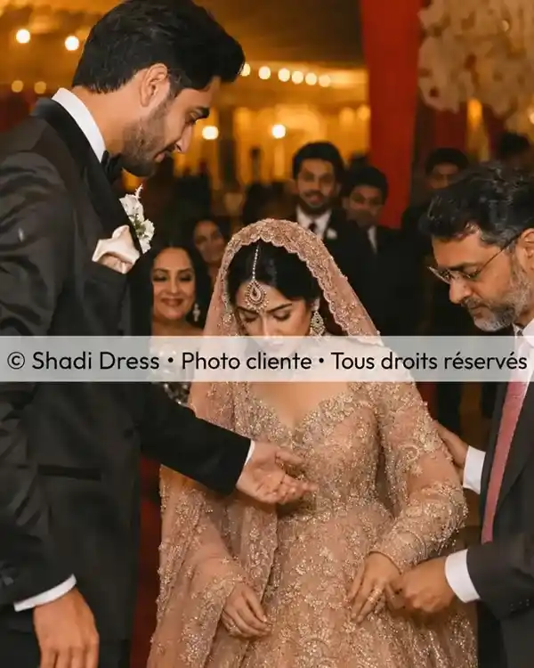 Mariée en tenue rose poudré richement brodée pendant sa cérémonie de mariage