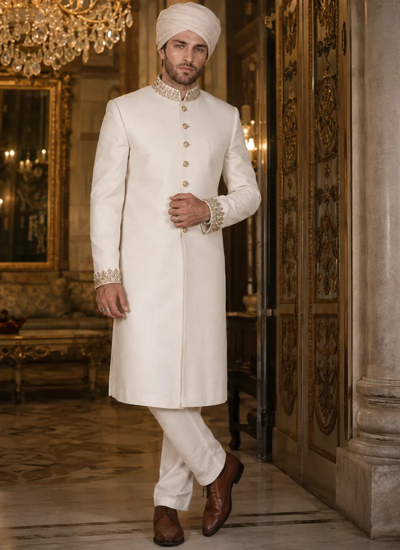 White sherwani for the groom, full-length front view with embellished buttons