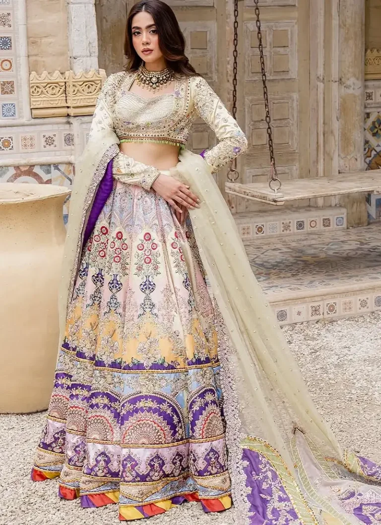Ahmed Sultan Walima Lehenga Cream Walima lehenga with tissue silk sweetheart choli, 14-kali lehenga and matching organza dupatta.
