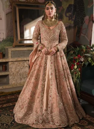 Peach Ammara Khan-inspired open bridal gown over Atlas lehenga with bronze, gold, rose-gold and silver embroidery