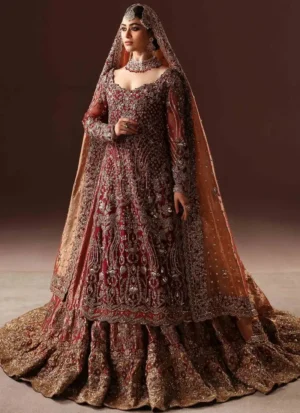 Maroon Ammara Khan-inspired Farshi lehenga with tissue silk shirt, Jamawar skirt and antique-gold, copper and silver work