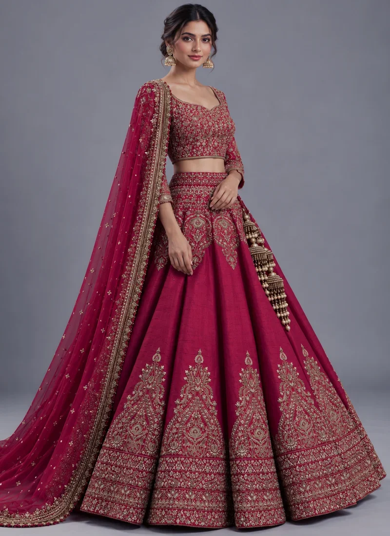 Burgundy Bridal Lehenga Choli with Antique Gold Video