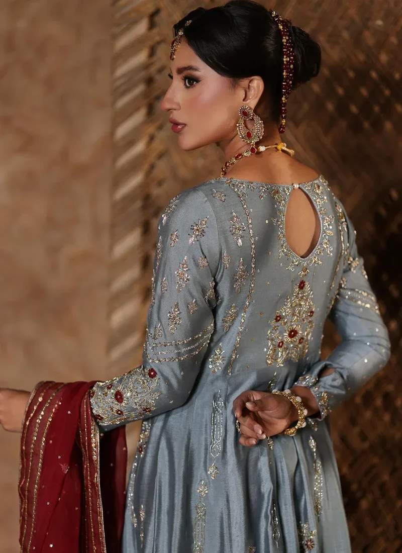 Bluish grey bridal Pishwas with V neckline, full sleeves, ten-kali flare and maroon latkans down the centre front