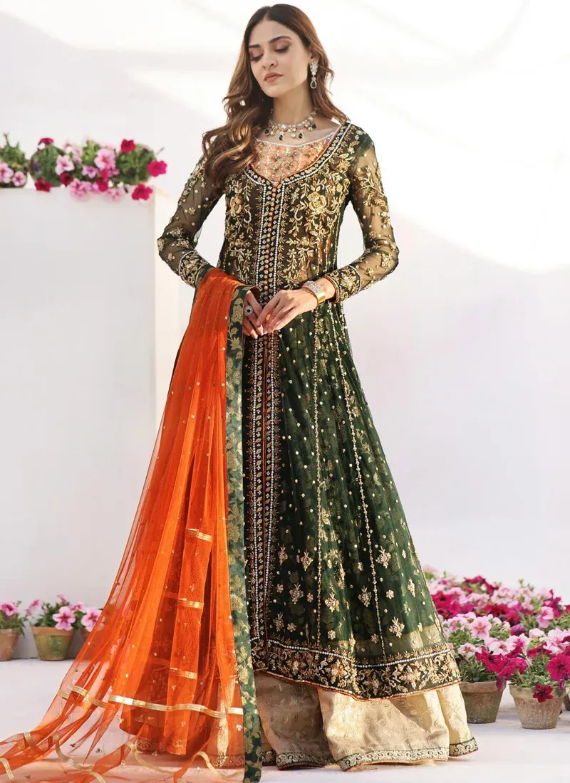 Bottle Green Pakistani Formal Open Gown Bottle green Pakistani formal open gown with burnt orange dupatta and Dhaka pajama