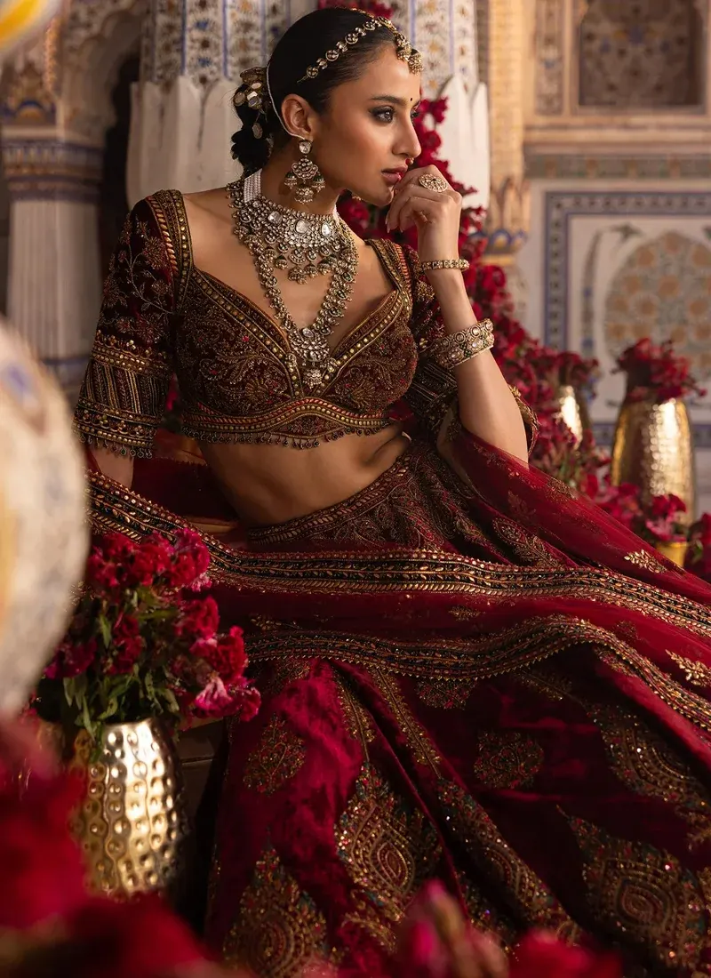 Maroon Velvet Bridal Lehenga with Paisley Video